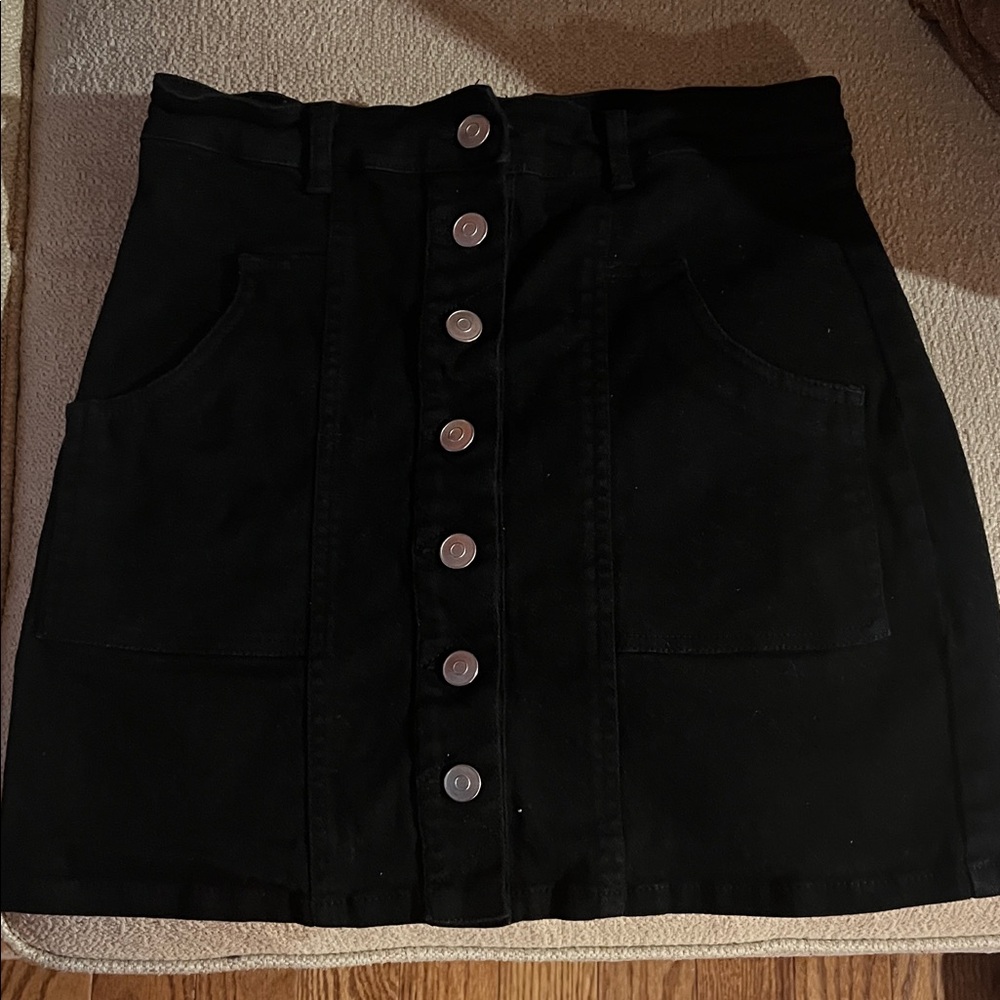 Black Button-Front Denim Mini Skirt